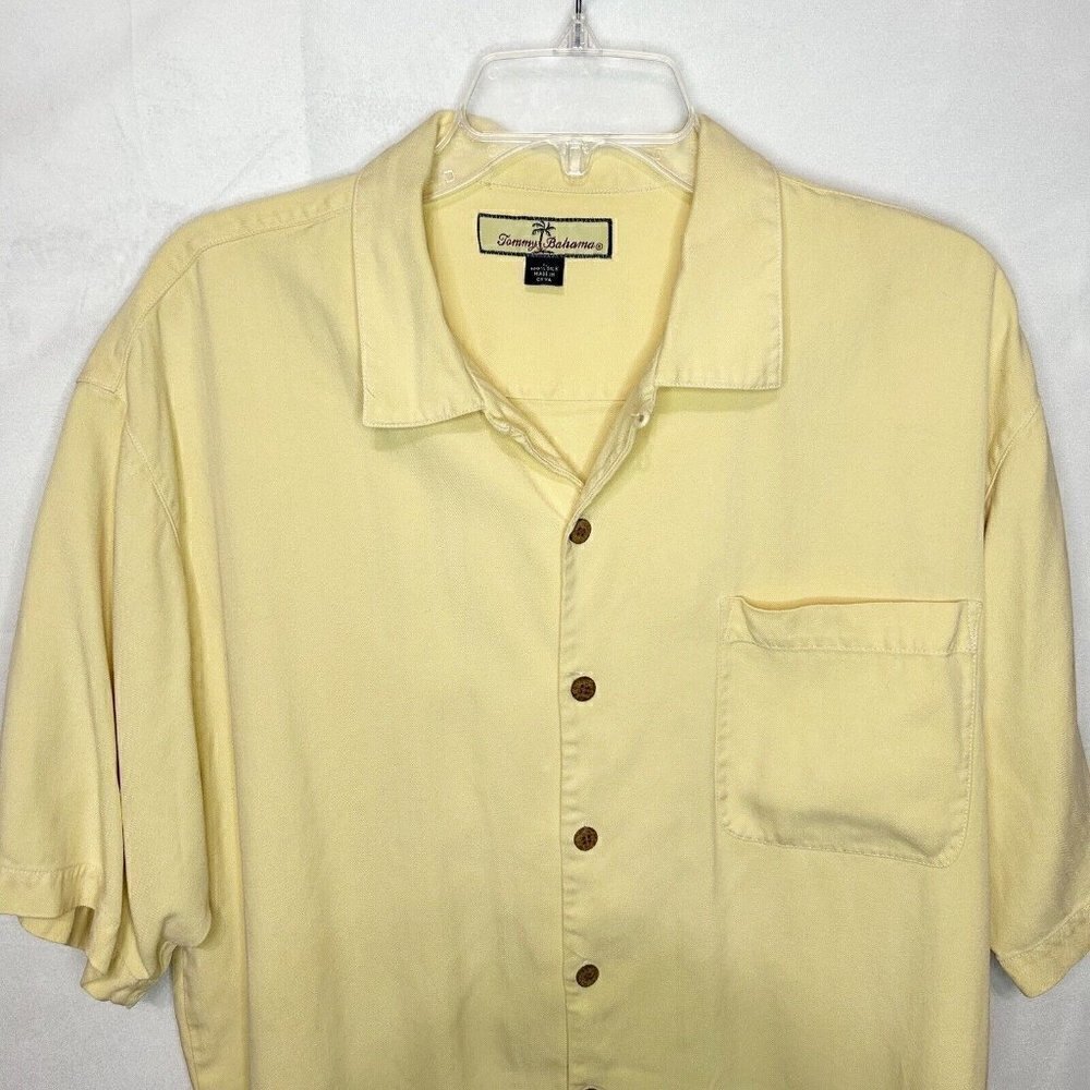 Tommy Bahama Floral SILK Shirt Button Down Hawaiian Camp Solid Yellow Men’s Sz L